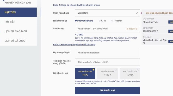 Quy trình nạp tiền Sky88 chi tiết